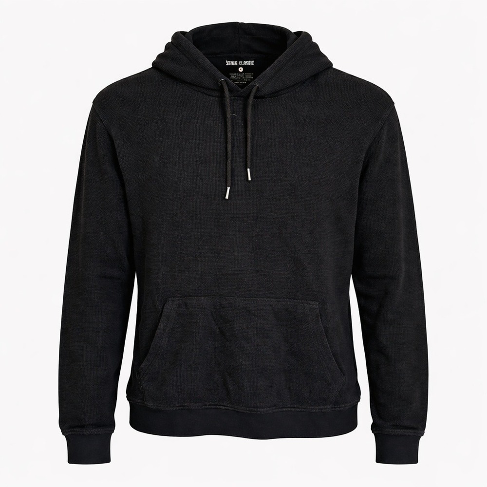True Classic Black Waffle Knit Hoodie Shirt Men's Medium Long Sleeve Thermal